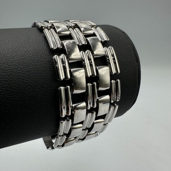 Vintage Wide Link Bracelet Silver Tone Flat Panel Statement Jewelry 7 Inch - Picture 2 of 8